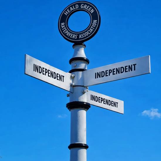 Independent road sign for independent councillors Heald Green Ratepayers'